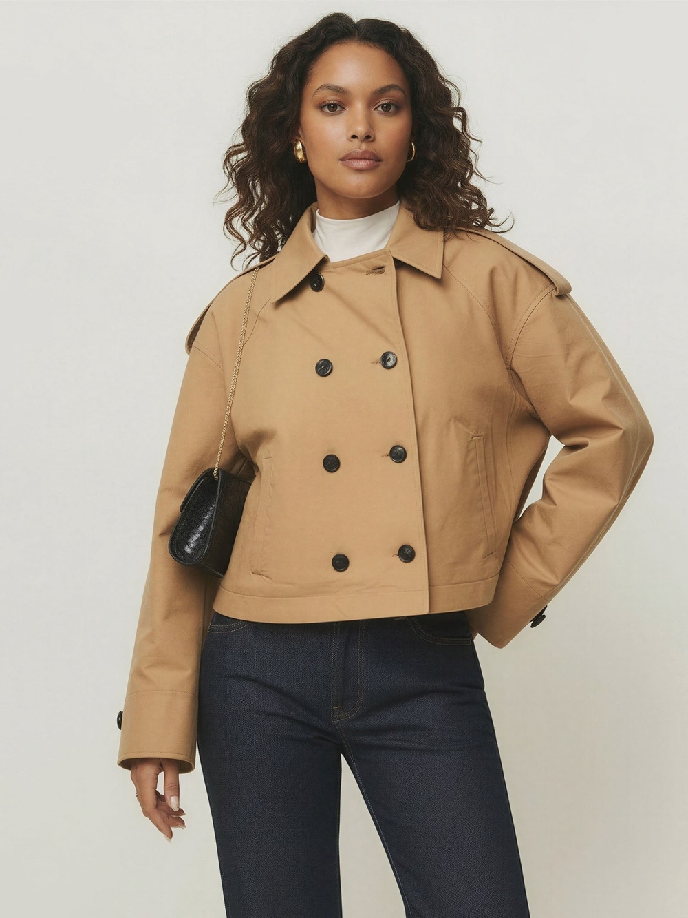 New York & Company Cropped Double-Breasted Trench Coat - Beige/Tan